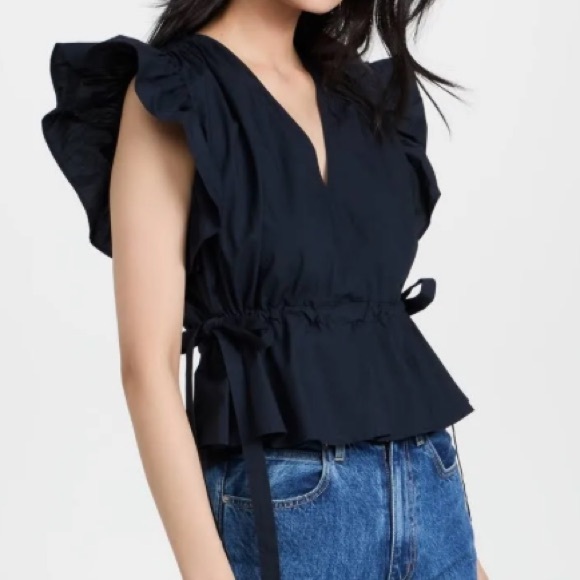 Ulla Johnson Iyla Ruffle V-Neck Blouse Classic Black Adjustable Ties Size 12 - Picture 8 of 8